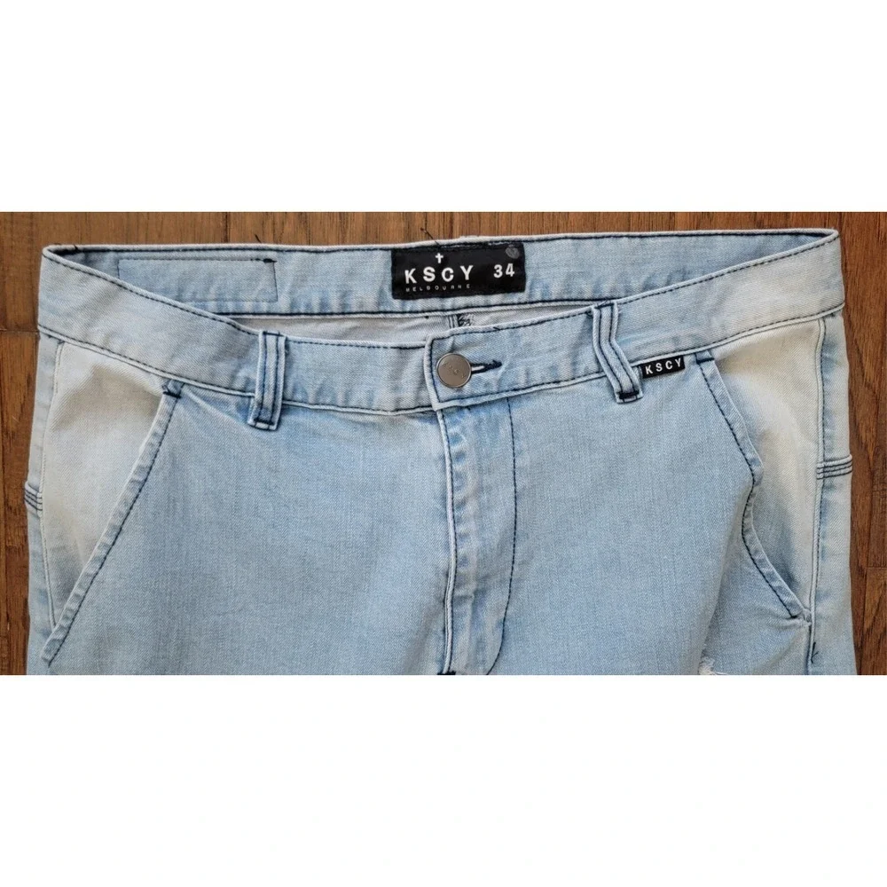 KSCY Melbourne Men's Blue Distressed Elastic Hem Denim‎ Jeans Size 34x31